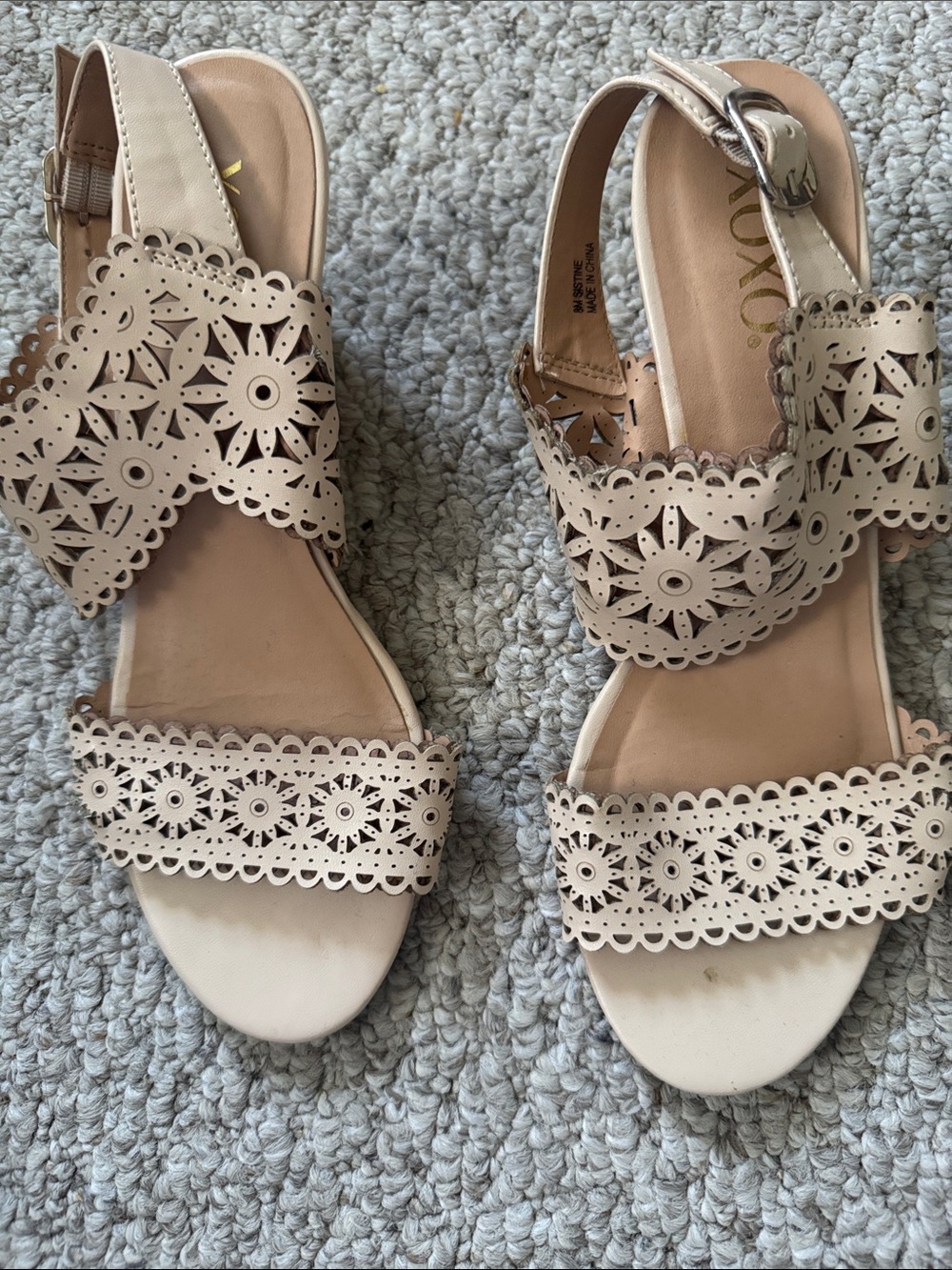 XOXO Beige Laser-Cut Slingback Sandals